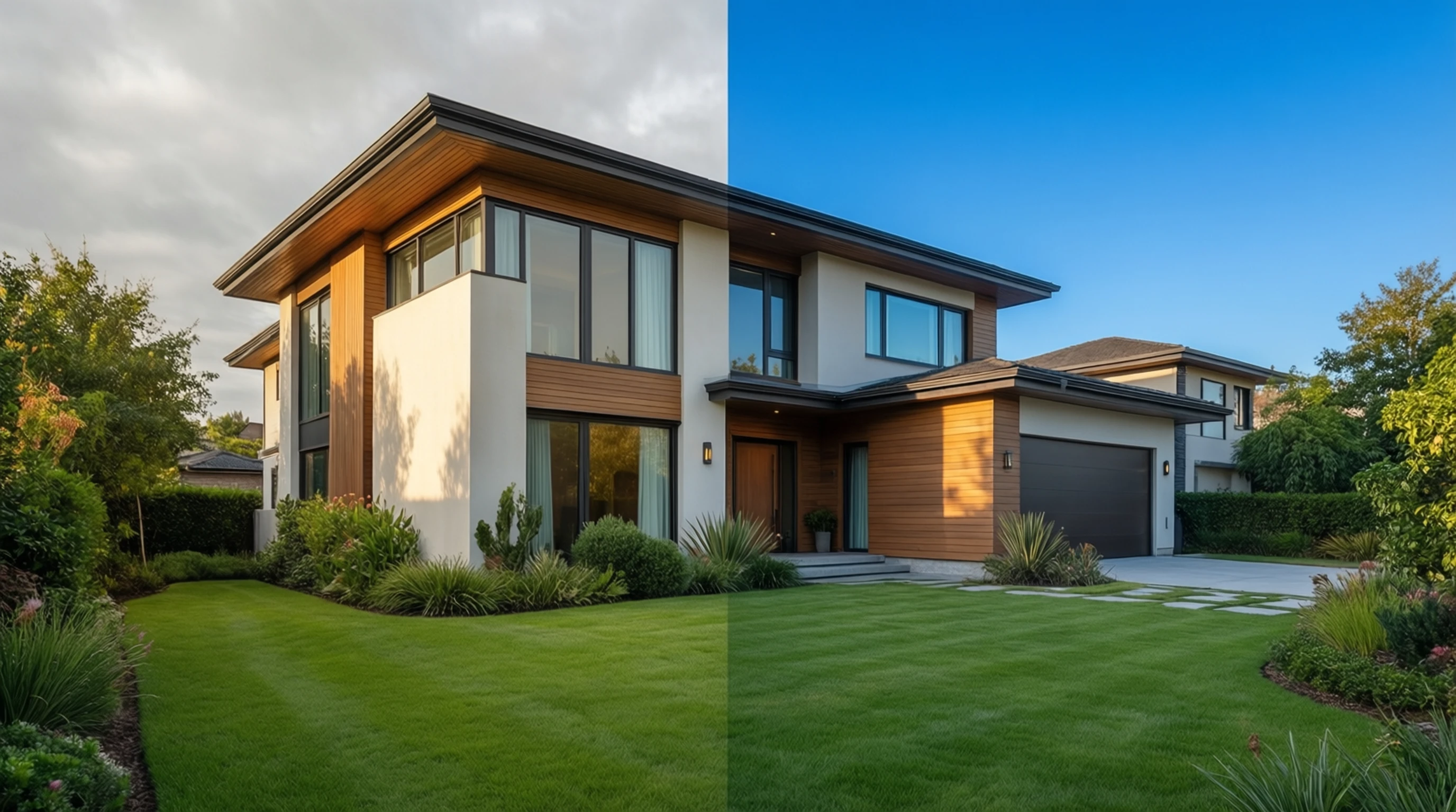 Real estate property photo with professionally edited background