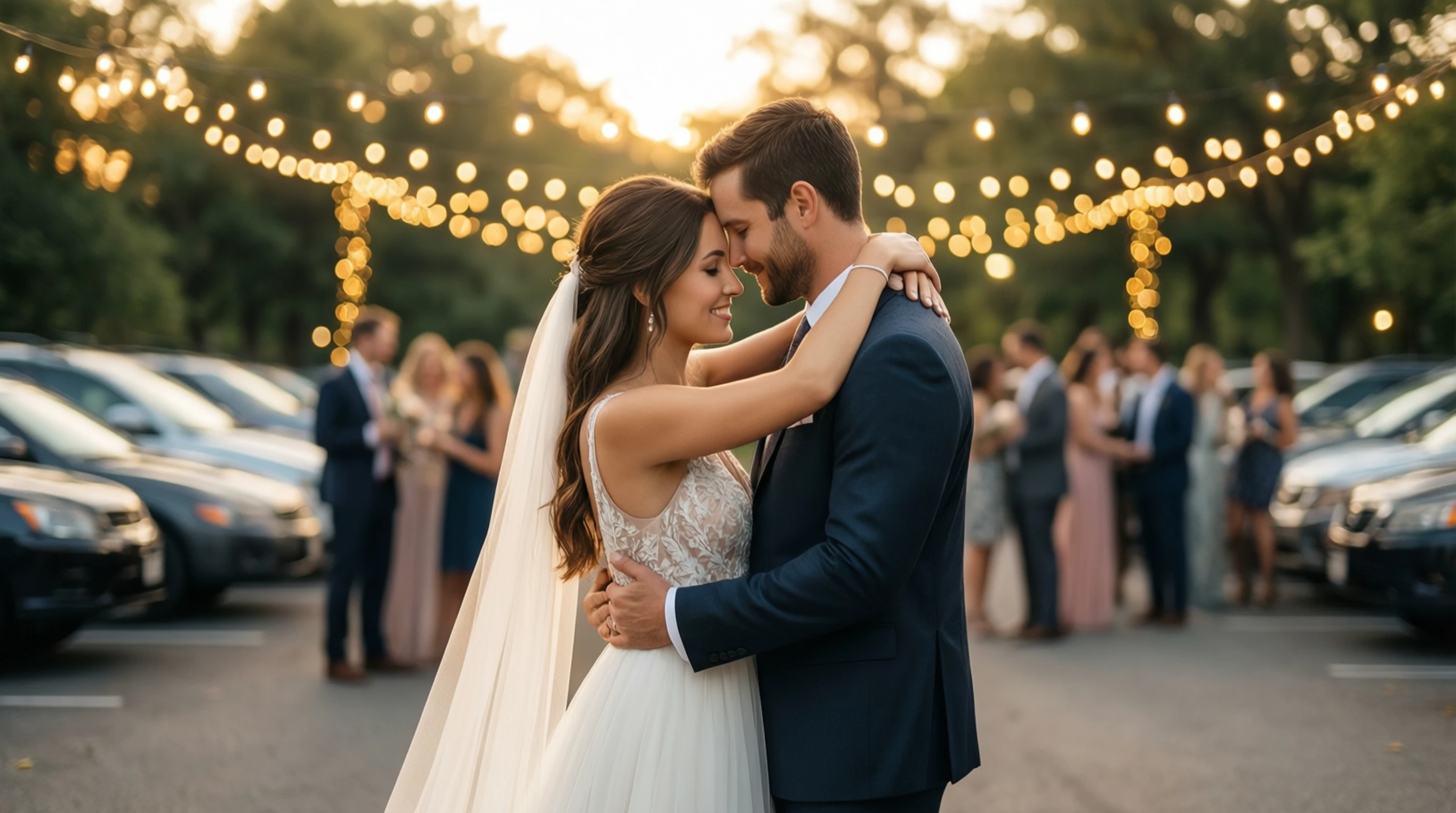 Wedding photo with distracting background removed and replaced with elegant setting